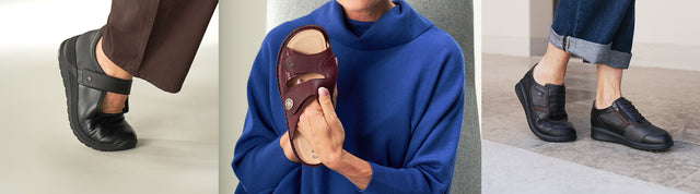 tre immagini di donna che indossa tre modelli finncomfort. Nella prima foto indossa ballerina sakae nera mentre fa un passo, nella seconda foto mostra l'elasticità della tomaia di una ciabatta bordeaux e nella terza foto indossa scarpe nere